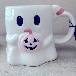 Adorable Boo ghost shaped coffee mug with pink pumpkin
